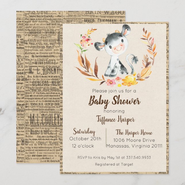 Invitación de Baby Shower a la vaca rural rústica (Anverso / Reverso)
