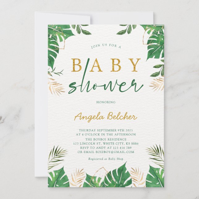 Invitación de Baby Shower a la vegetación tropical (Anverso)