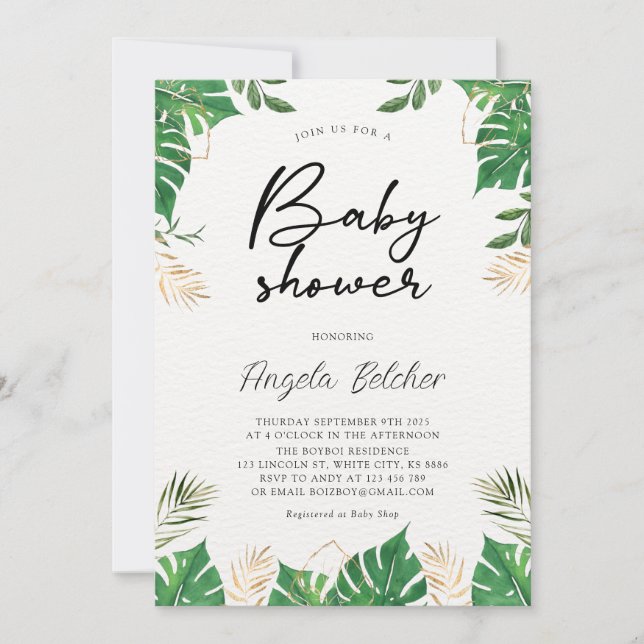 Invitación de Baby Shower a la vegetación tropical (Anverso)