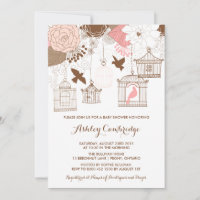 Invitación de Baby Shower a las aves rusticas rosa