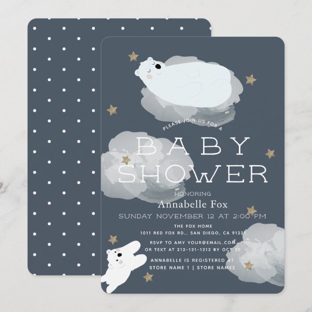 Invitación de Baby Shower a las estrellas y nubes  (Anverso / Reverso)