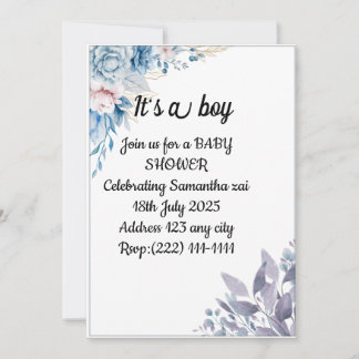 Invitación de Baby Shower a las flores azul acuare