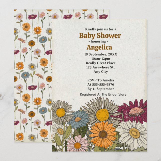 Invitación de Baby Shower a las flores hippie retr (Anverso / Reverso)