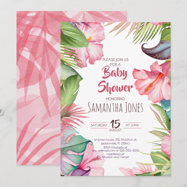 Invitación de Baby Shower a las flores tropicales (Anverso / Reverso)