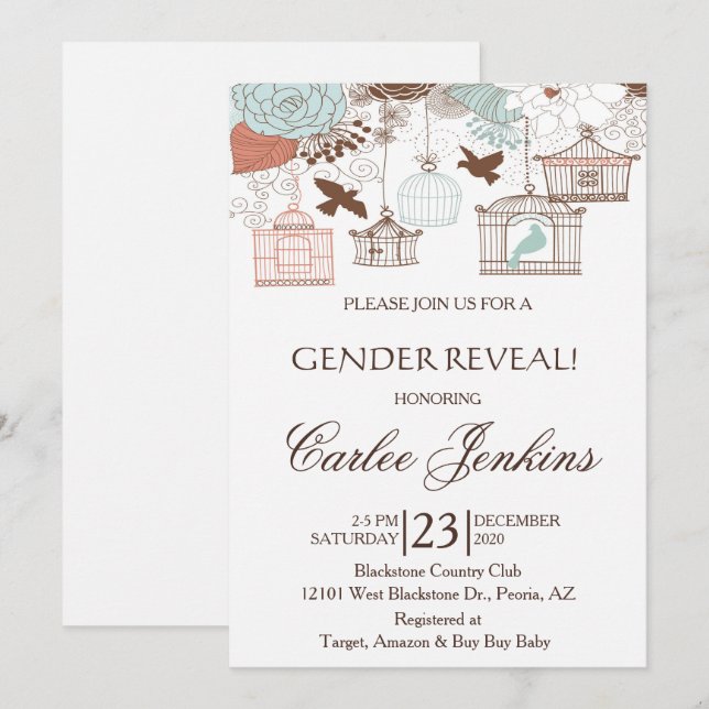 Invitación de Baby Shower a las jaulas de pájaros  (Anverso / Reverso)
