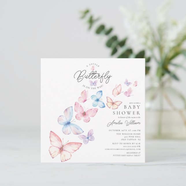 Invitación de Baby Shower a las mariposas capricho (Anverso de pie)