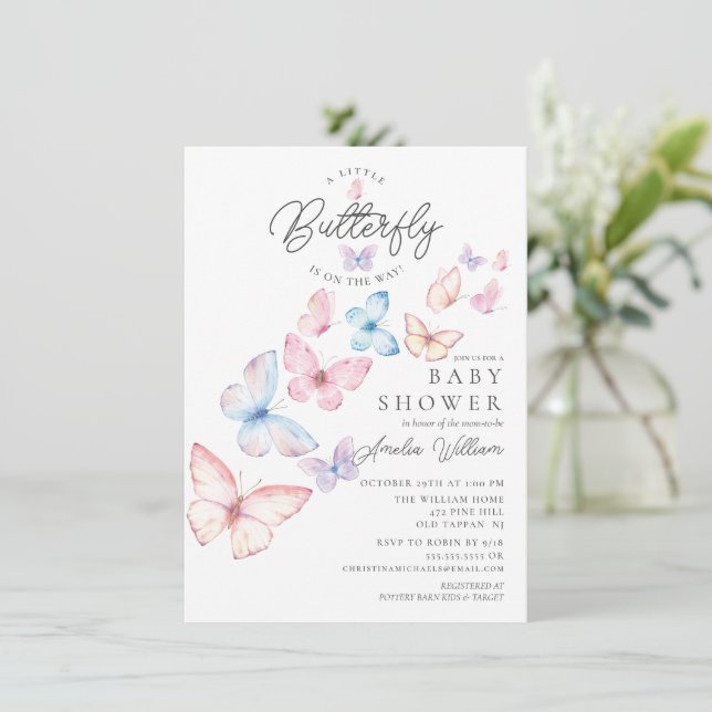 Invitación de Baby Shower a las mariposas capricho (Anverso de pie)