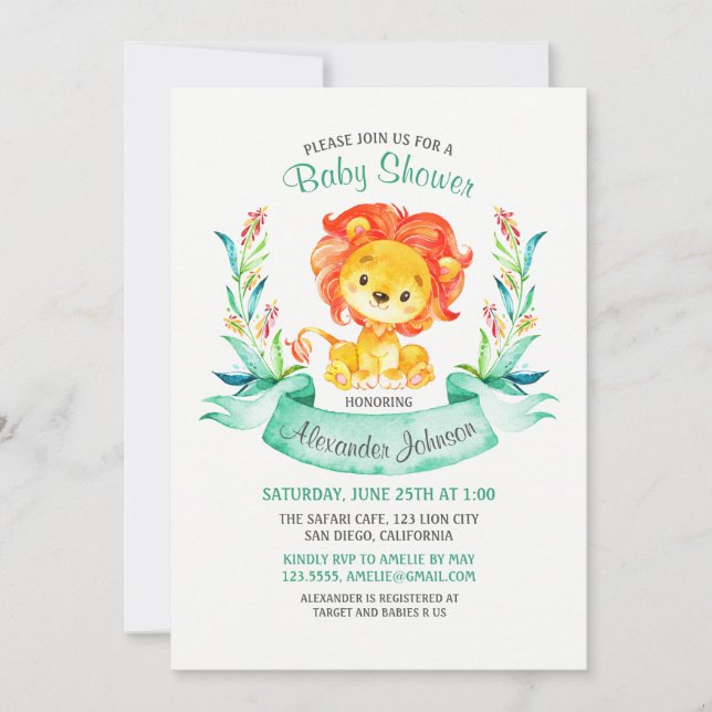 Invitación de Baby Shower a león acuarela (Anverso)