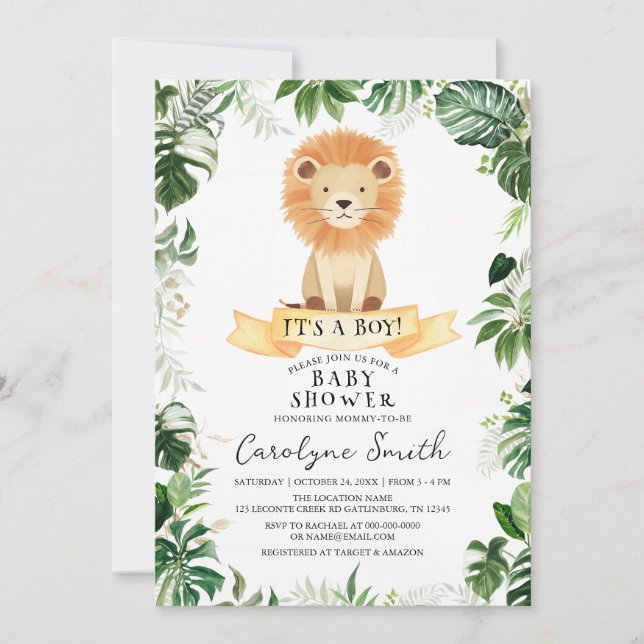 Invitación de Baby Shower a León de la Selva Tropi (Anverso)