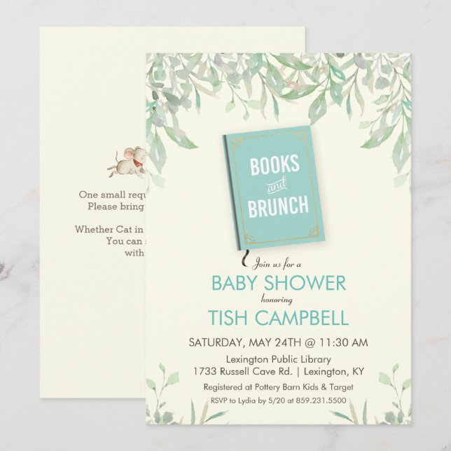 Invitación de Baby Shower a libros y Brunch (Anverso / Reverso)