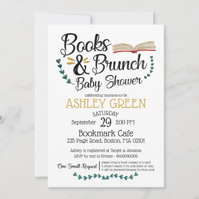 Invitación de Baby Shower a libros y Brunch (Anverso)