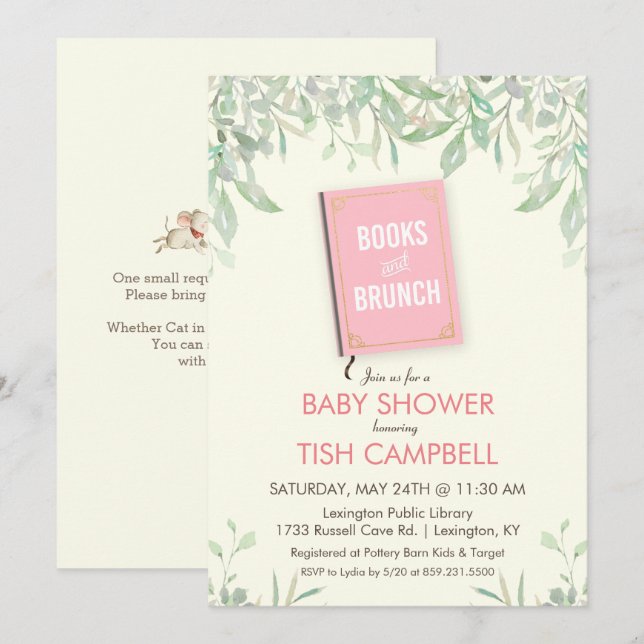 Invitación de Baby Shower a libros y Brunch (Anverso / Reverso)