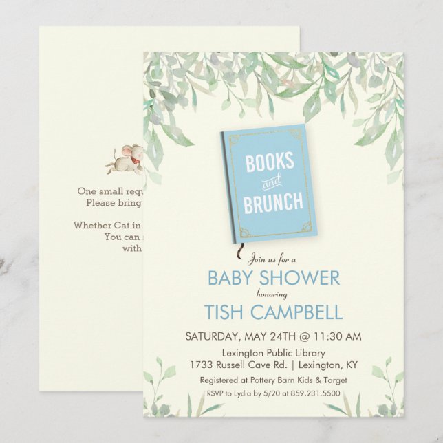 Invitación de Baby Shower a libros y Brunch (Anverso / Reverso)