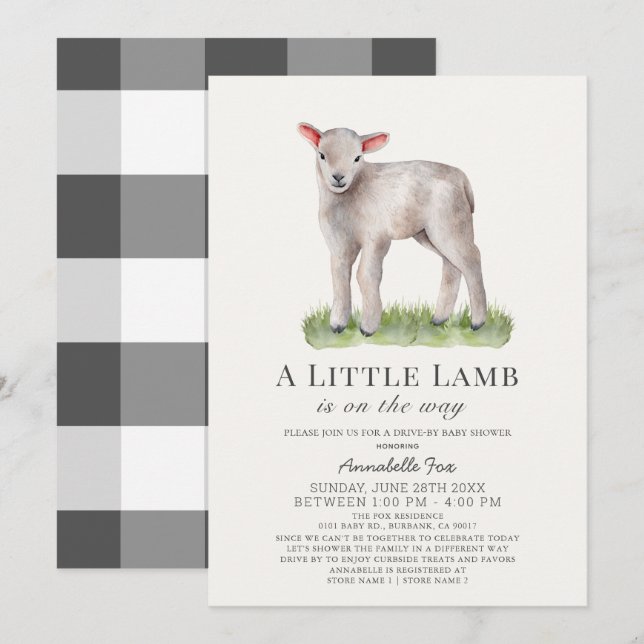 Invitación de Baby Shower a Little Lamb Drive-by (Anverso / Reverso)