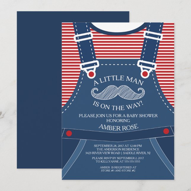 Invitación de Baby Shower a Little Man Mustache (Anverso / Reverso)