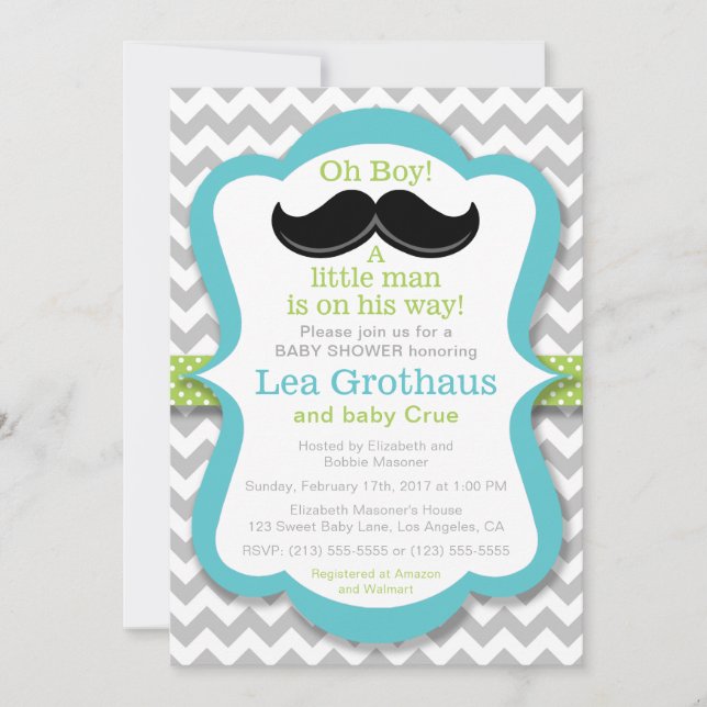 Invitación de Baby Shower a Little Man Mustache (Anverso)