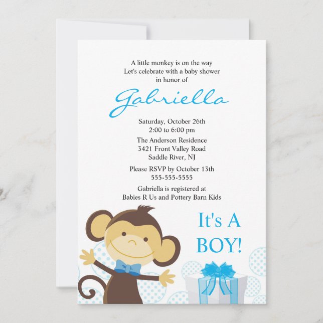 Invitación de Baby Shower a Little Monkey Boy (Anverso)