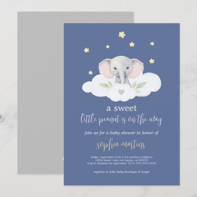 Invitación de Baby Shower a Little Peanut Elephant (Anverso / Reverso)