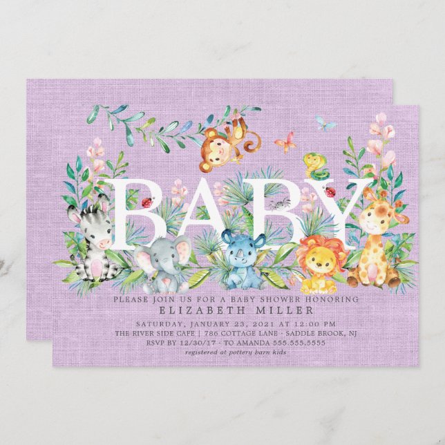 Invitación de Baby Shower a los animales de la jun (Anverso / Reverso)