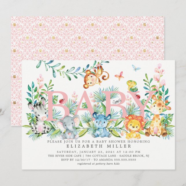 Invitación de Baby Shower a los animales de la jun (Anverso / Reverso)