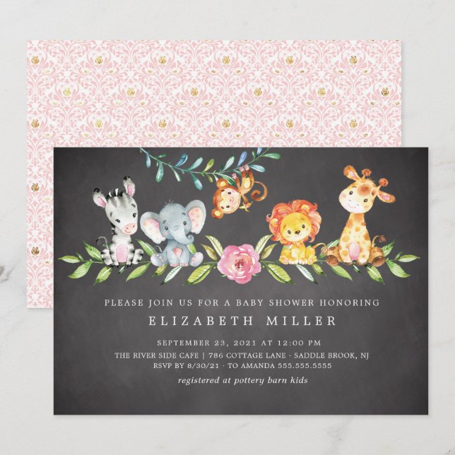 Invitación de Baby Shower a los animales de safari (Anverso / Reverso)