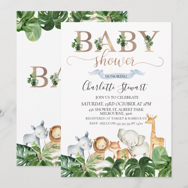Invitación de Baby Shower a los animales de safari (Anverso / Reverso)