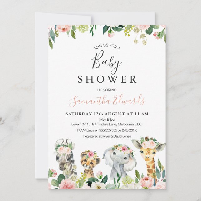 Invitación de Baby Shower a los animales de safari (Anverso)