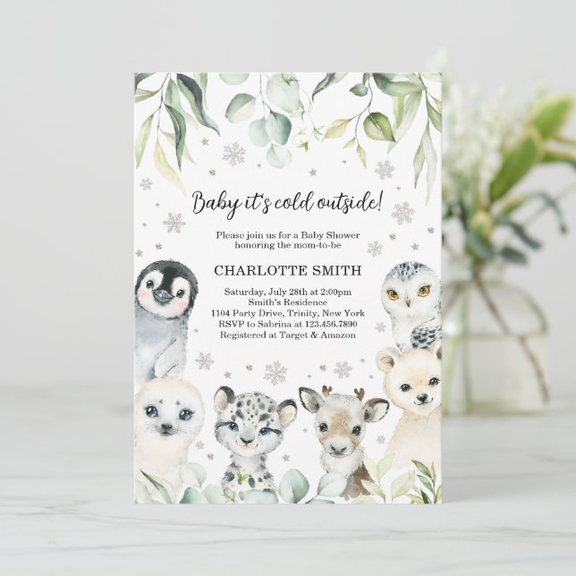 Invitación de Baby Shower a los animales del Ártic (Anverso de pie)