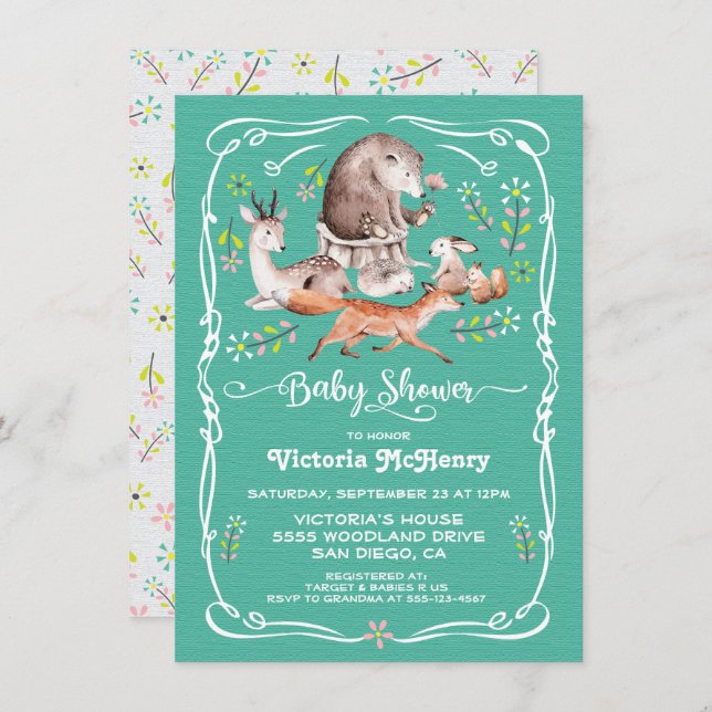 Invitación de Baby Shower a los animales del bosqu (Anverso / Reverso)