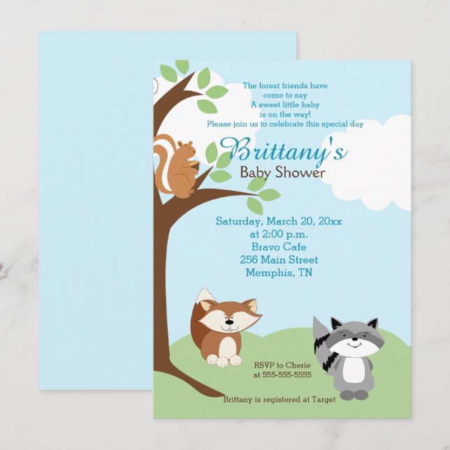 Invitación de Baby Shower a los animales del bosqu (Anverso / Reverso)