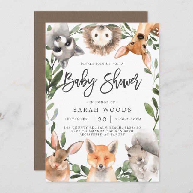 Invitación de Baby Shower a los animales del bosqu (Anverso / Reverso)
