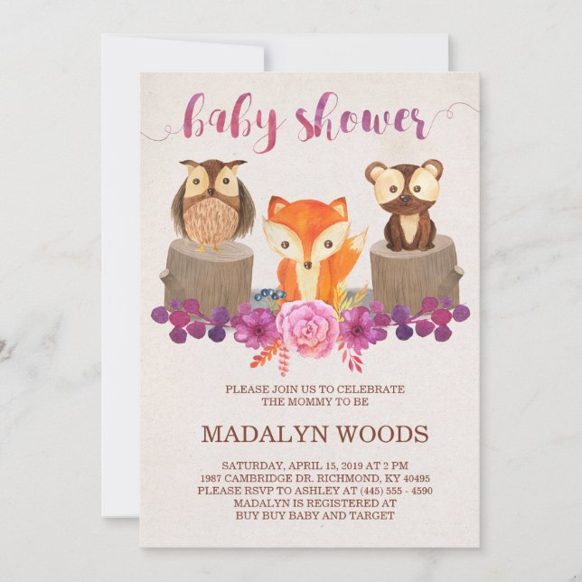 Invitación de Baby Shower a los animales del bosqu (Anverso)