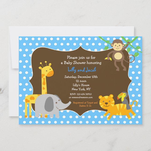 Invitación de Baby Shower a los animales del zooló (Anverso)