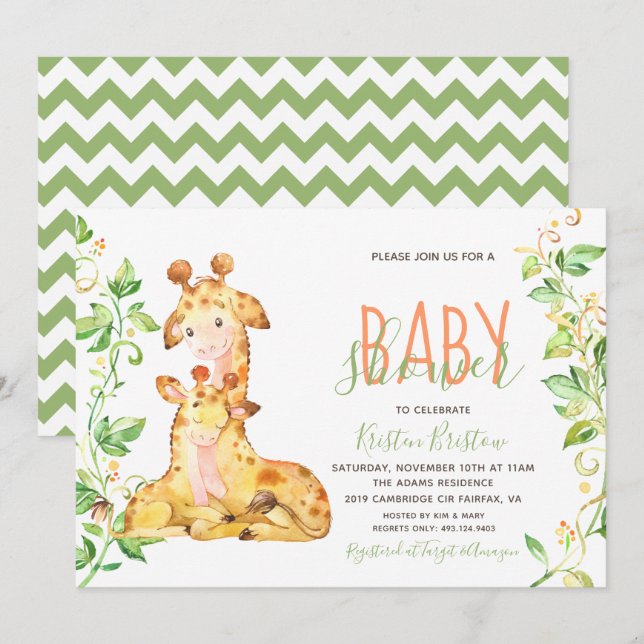 Invitación de Baby Shower a los animales del zooló (Anverso / Reverso)
