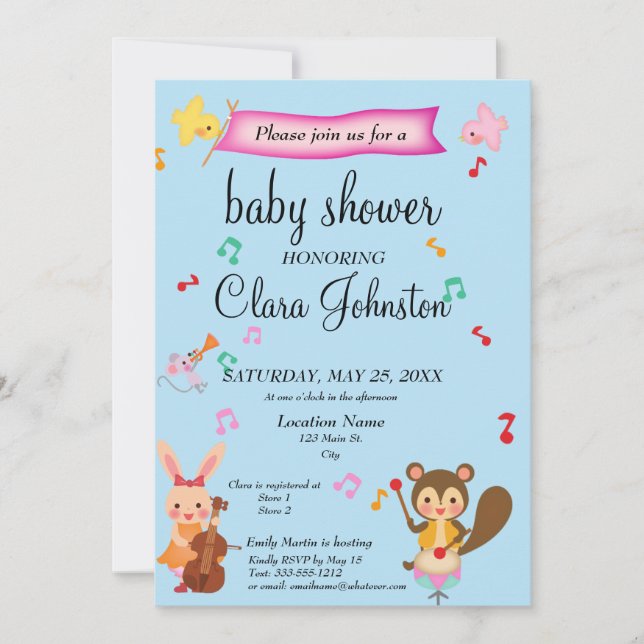 Invitación de Baby Shower a los animales musicales (Anverso)