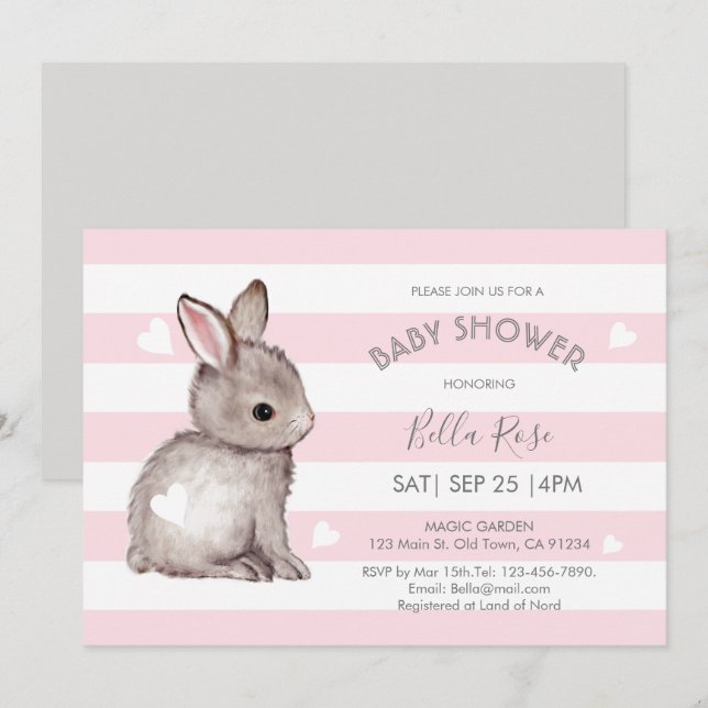 Invitación de Baby Shower a los conejitos rosados  (Anverso / Reverso)