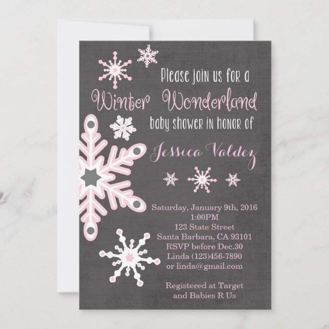 Invitación de Baby Shower a los copos de nieve ros (Anverso)