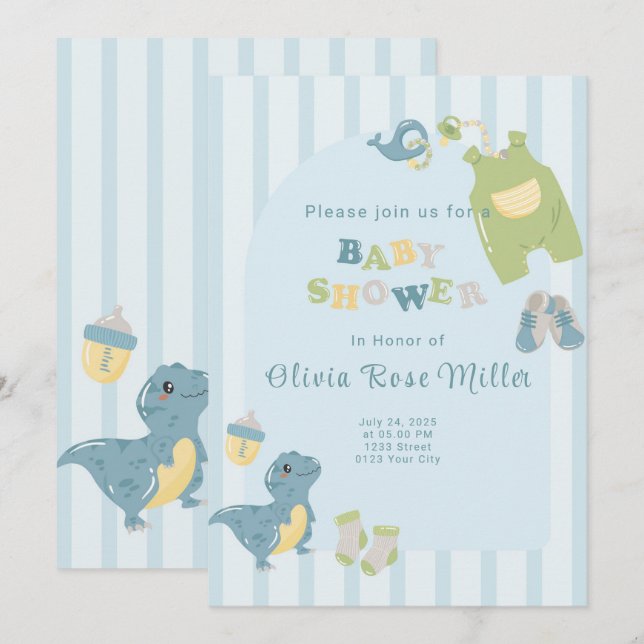 Invitación de Baby Shower a los dinosaurios azules (Anverso / Reverso)