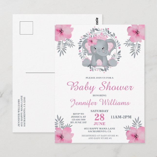 Invitación de Baby Shower a los elefantes florales (Anverso / Reverso)