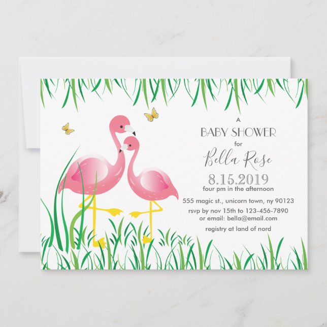 Invitación de Baby Shower a los flamencos rosados (Anverso)