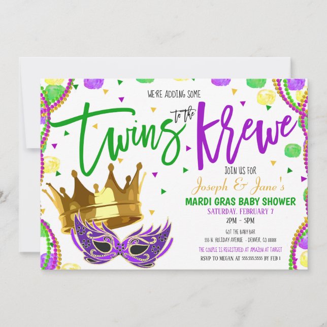 Invitación de Baby Shower a los gemelos Mardi Gras (Anverso)