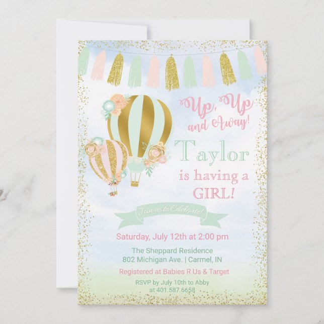 Invitación de Baby Shower a los globos de aire cal (Anverso)