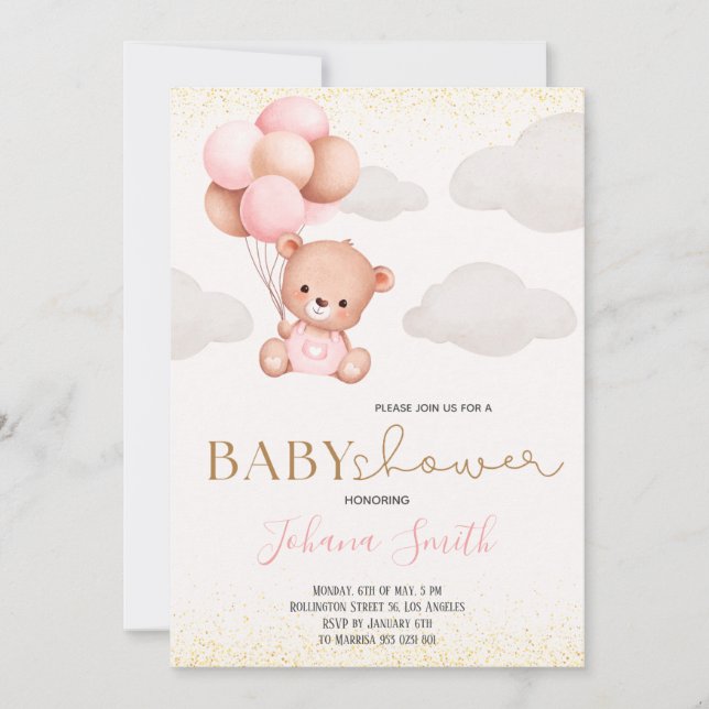 Invitación de Baby Shower a los globos de oso acua (Anverso)