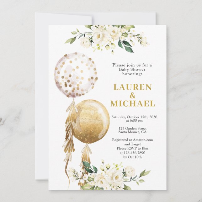 Invitación de Baby Shower a los globos neutrales d (Anverso)