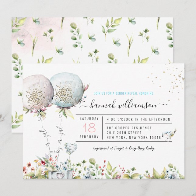 Invitación de Baby Shower a los globos reveladores (Anverso / Reverso)