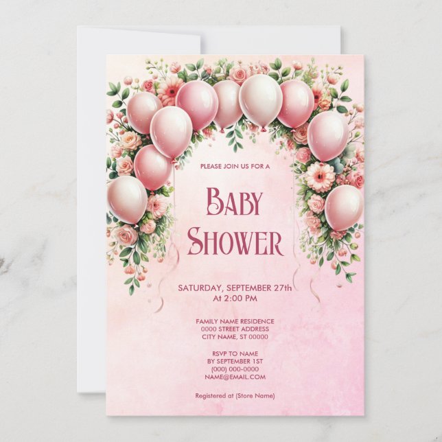 Invitación de Baby Shower a los globos rosados (Anverso)