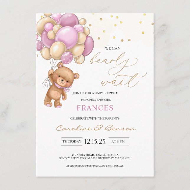 Invitación de Baby Shower a los globos rosados de  (Anverso)