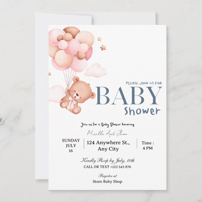 Invitación de Baby Shower A Los Globos Voladores (Anverso)