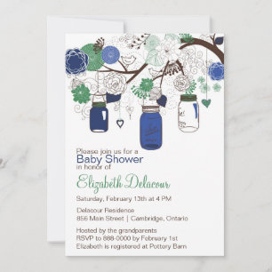 Invitación de Baby Shower a los Jars de masón azul