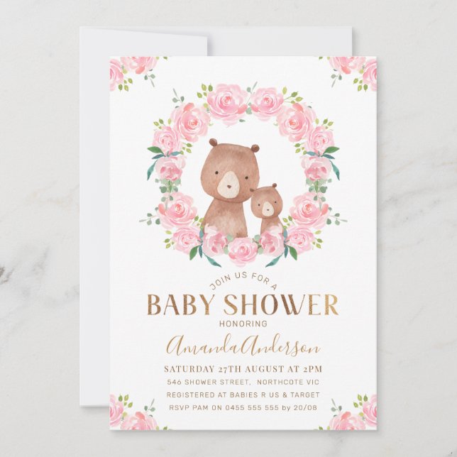 Invitación de Baby Shower a los osos de flores ros (Anverso)